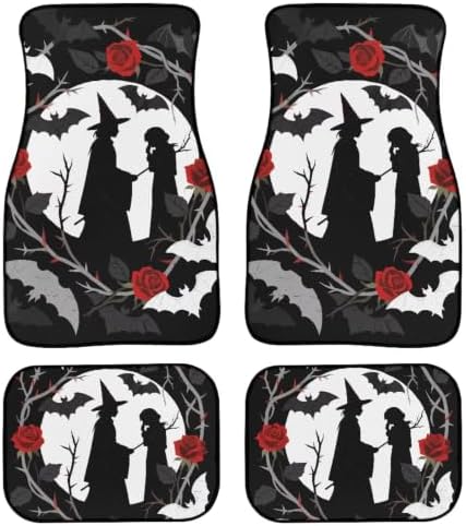 Gothic Skull Car Carpet Floor Mat Red Floral Rubber Heel Pad 4PC for Cars Trucks SUV Protection - Driver Seat, Passenger Seat and Rear Floor Mats