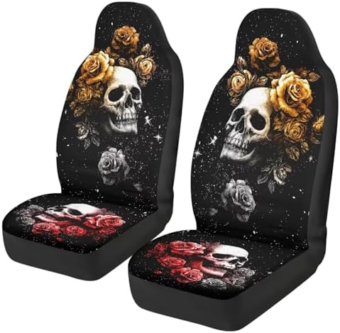 Bulopur Skull and Rose Car Seat Covers Front Seats Auto Drive Seat Covers 2 Pack Black Breathable Carseat Cushions Universal for Sedan SUV Truck Halloween Decorations
