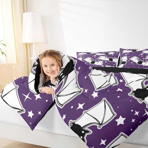 Feelyou Halloween Bedding Set for Girls Boys Kids Twin Size Black Bats Animal Print Silhouette Comforter Cover Room Decor Happy Holiday Cute Star Print Luxury Duvet Cover Light Purple Quilt Set - Image 6
