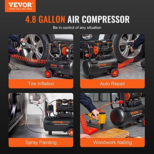 VEVOR 4.8 Gallon Air Compressor, 1.2HP 2.2 CFM@90PSI Oil Free Air Compressor Tank & Max. 116PSI Pressure, 70 dB Ultra Quiet Compressor for Auto Repair, Tire Inflation, Spray Painting, Woodwork Nailing - Image 6