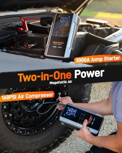 WOLFBOX MV16A 3000A Jump Starter with Air Compressor, 59.2Wh&160PSI Portable Car Battery Jump Starter with 65W Fast Charging, 12V Battery Pack (8L Gas 6L Diesel) with Boost, Light and Jumper Cables - Image 2