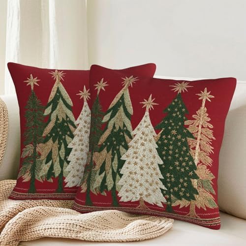 KiuLoam Red Christmas Pillow Covers 22x22 Set of 2 Gold Green Christmas Tree Print Decorative Outdoor Throw Pillow Cases Winter Holiday Cushion Covers for Sofa Bed Couch Living Room Decor - Image 2