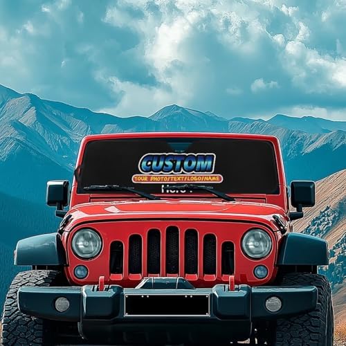 Renewold Custom Personalized Windshield Sun Shade, Add Your Own Photo Foldable Car Front Window Sunshade, Suitable for Jeep Wrangler Gladiator, Customized Sun Visor Block UV Rays Keeps Vehicle Cool