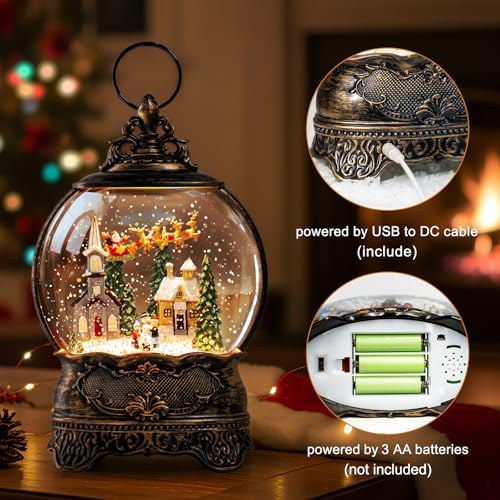 Christmas Snow Globes Lantern Snow Globe with Music Water Lantern Santa Flying Scene Elk Lighted Swirling Water Glitters Snowglobe Christmas Decoration - Image 3