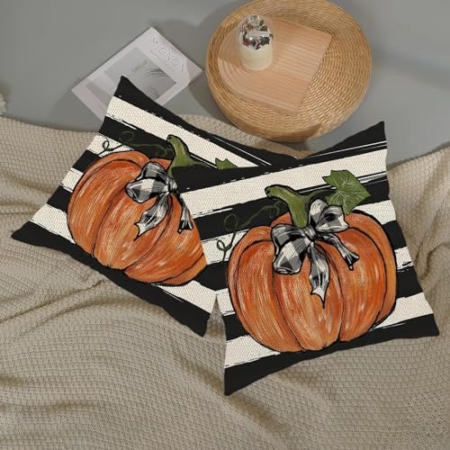 Fall Pillow Covers 24x24 Set of 2 Pumpkin Maple Leaves and Stripes Fall Decor Pillowcase Linen Autumn Thanksgiving Decorative Outdoor Throw Pillow Covers Farmhouse Cushion Case for Couch Home - Image 5