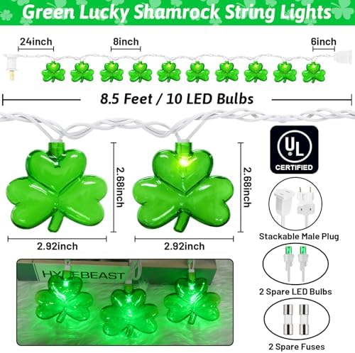 St Patricks Day Decorations - Led Shamrock String Lights, 8.5Ft Clear Shamrock Lights Plug in St Patricks Day Lights for Irish St. Patrick's Day Home Yard Bar Party Decor, 0.48W LED Energy Efficient - Image 4