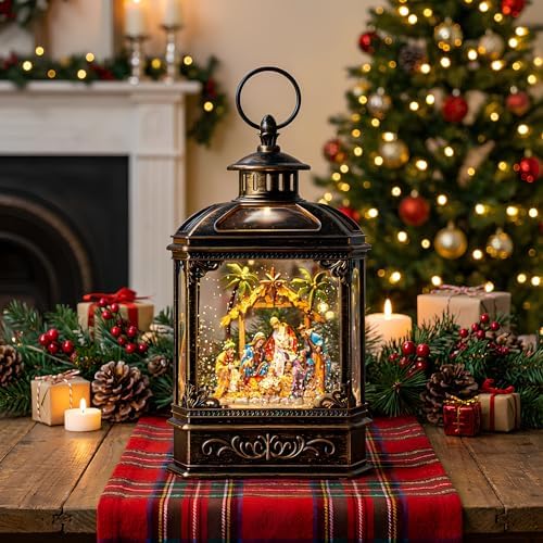 Christmas Snow Globe Swirling Glittering Nativity Scene with Music, USB Lined/Battery Operated Lighted Water Lantern for Christmas Festival Decoration Gifts - Image 2