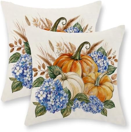 Fall Orange Pumpkin Hydrangea Floral Pillow Covers 18x18 Set of 2 by Gohdiwh