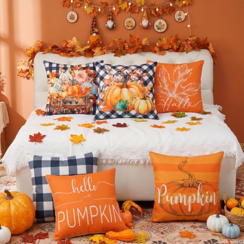 Flutesan 12 Pcs Fall Pillow Covers Hello Pumpkin Thanksgiving Decor, Black - Image 5
