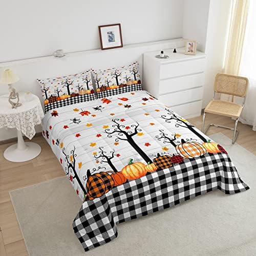 Fall Pumpkin Harvest Comforter Set Twin Size Black White Plaid Bedding Set For Kids Boys Halloween Maple Leaves Autumn Down Comforter Geometric Buffalo Grid Duvet Set Retro Room Decor, Orange - Image 3