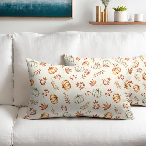 Fall Pumpkin Lumbar Pillow Covers 12x20 Set of 2 Orange Beige Maple Leaves Pattern Outdoor Throw Pillows Covers Autumn Thanksgiving Harvest Decorative Farmhouse Cushion Case for Room Couch Sofa - Image 2