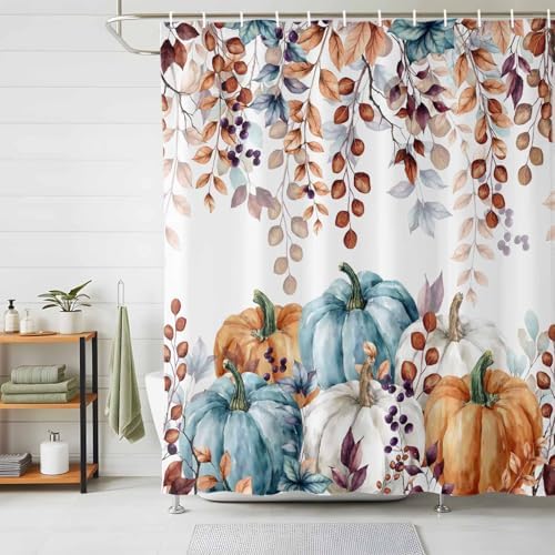 LooPoP Fall Shower Curtain Autumn Maple Leaves Bathroom Curtains with Hooks, Waterproof Polyester Fabric Thanksgiving Harvest Pumpkin Shower Curtains Set for Bathroom Bathtubs Decor 60x72 Inch - Image 2