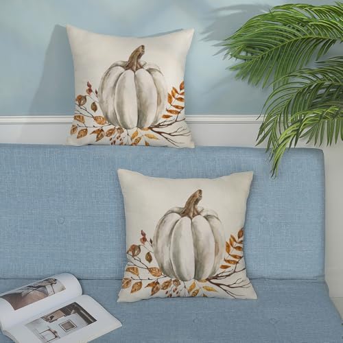 Fall Pillow Covers 18x18 Set of 2 White Pumpkin Leaf Branch Fall Decor Pillowcase Autumn Harvest Thanksgiving Decorative Outdoor Throw Pillow Covers Linen Farmhouse Cushion Case for Couch Home - Image 3
