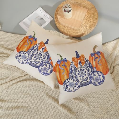 Fall Pillow Covers 20x20 Set of 2 Chinoiserie Blue and Orange Pumpkin Throw Pillows Grandmillennial Autumn Thanksgiving Decoration Pillowcase Outdoor Fall Decor Cushion Case for Couch Home - Image 6