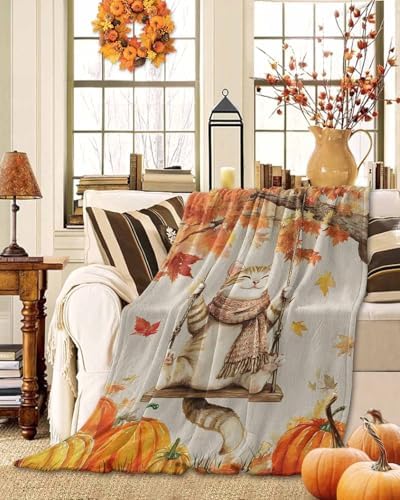 DecorLovee Fall Cat Blanket 30"x40", Reversible Thanksgiving Cute Throw Blanket for Couch/Bed, Orange Maple Leaf Pumpkins Lightweight Soft Throw Blankets for Kids, Warm Fuzzy Blankets for Winter - Image 2