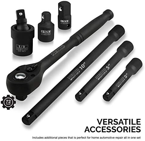 NEIKO 02446A 1/2" Impact Socket Set, 35 Piece, Deep Socket Kit Assortment, Standard SAE (3/8”-1-1/4”) and Metric MM (10-32mm) Sizes, Includes Ratchet Handle and Impact Extension Bars - Image 4