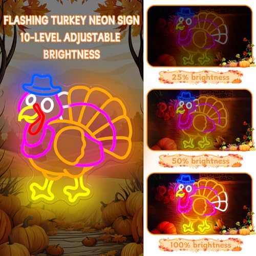 Turkey Neon Sign Thanksgiving Led Sign Dimmable Flashing Light Up Turkey Harvest Festival Party Decorations Fall Led Lights Give Thanks Window Lights Gift - Image 3