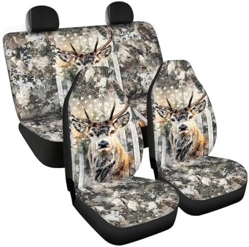 Vintage US Flag Hunting Deer Print Car Seat Covers 4Pcs Front & Rear Breathable Seat Covers Universal Fits for Truck, Sedan, SUV Auto Interior Protector Car Accessories