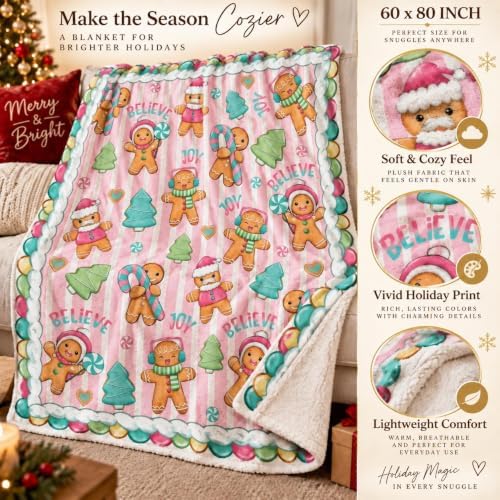 Christmas Gingerbread Blanket 60x80in Pink Striped Holiday Throw - Image 4