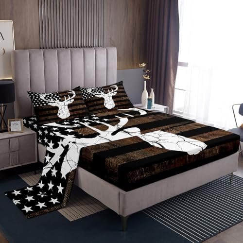 Feelyou Deer Camo Bed Sheets Set King Size American Flag Sheet Set for Kids Boys Girls Decor Deer Hunting Sheets with Deep Pocket Fitted Sheet Black Brown by Feelyou