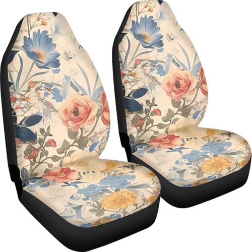 Wild Flower Car Seat Covers for Full Seats, Pink Peony Waterproof Seat Covers for Cars, French Classical Daisy Floral 2 Pcs Universal Fit Automotive Seat Covers