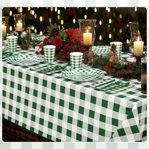 Funnymoom 452 Pcs Green Gingham Party Supplies for 50, Dark Green Plaid Checkered Paper Plates Napkins Cups Tablecloth Cutlery Straws for Holiday Birthday Baby Shower Party Decoration - Image 4