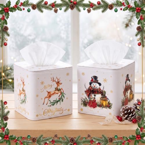 Thyle 2 Pcs Christmas Square Tissue Box Cover PU Leather Reindeer Snowman Tissue Box Holder Closure Xmas Decorations Cube Napkin Holder for Kitchen Car Home Office Living Room Bedroom - Image 5