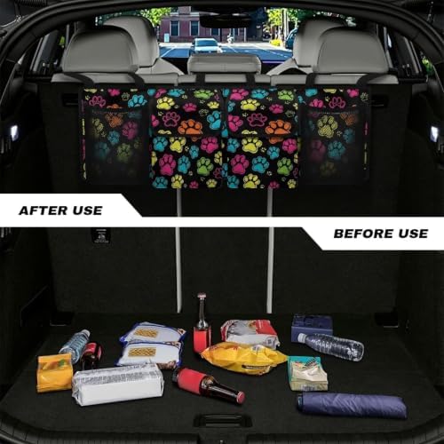 Colorful Dog Paw Print Car Trunk Organizer Car Backseat Storage Bag with 4 Pockets Hanging Trunk Cargo Storage Universal Auto Accessories for Sedans SUV Trucks Van