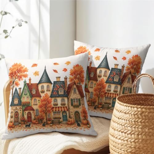 Fall Fairy Tale Cottage Pillow Covers 24x24 Set of 2 Thanksgiving Orange Pumpkin Maple Leaves Outdoor Throw Pillows Covers Black Cat Decorative Farmhouse Cushion Case for Room Couch Sofa - Image 7