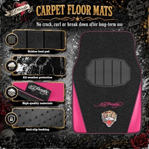 ED HARDY Tiger Print Car Floor Mats, Carpet Floor Mats with Hot Pink Leather Design, Automotive Car Mats with Built-in Heel Pad & Anti-Slip Backing, Fits Most Cars, SUVs & Trucks, Durable & Odorless