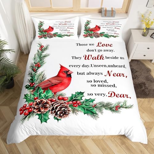 Manfei Red Cardinal Kids Duvet Cover Set Queen Size,Christmas Birds Holly Pinecones Bedding Set,Berries Poinsettia Rustic Animal Room Decor,White Red Green Quilt Cover,2 Pillowcases(No Comforter) - Image 4