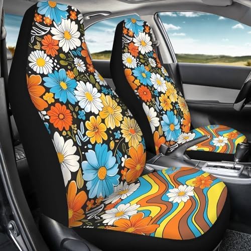 70S 80S Vintage Groovy Flower Car Seat Cover for Women,Abstract Hippie Flower Rainbow Swirl Wavy Automotive Seat Covers Only Front,Hippie Car Accessory Universal Fit Most Vehicle,Non Slip