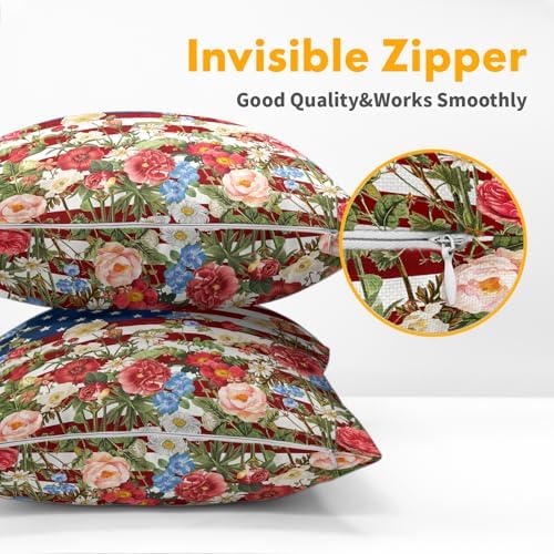 4th of July Pillow Covers 22x22 Set of 2, Patriotic Throw Pillow Covers Independence Memorial Day Pillowcase, Summer Floral Decorative Fourth of July Cushion Case Couch for Indoor Outdoor Home Decor - Image 5