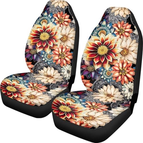 Dahlia Flowers Blossom Car Seat Covers for Front Seats Ethnic Style Bucket Seat Covers Universal Fit for SUV Truck Sedan Front Seat Protector,2 Piece Set