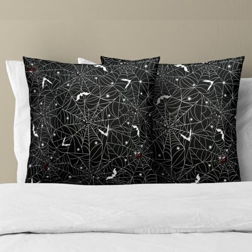 Halloween Spider Web Throw Pillow Covers 24X24 Inches Set of 2 White Bat Pillowcase Soft Cotton Square Cushion Covers for Home Sofa Bedroom Decoration - Image 3