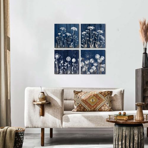 Farmhouse Dandelion Wall Art White Wildflower Canvas Picture for Bathroom Vintage Navy Blue Botanical Flower Painting Contemporary Still Life Plant Wall Decor Office Kitchen Home Decorations 20x20" 4P - Image 6