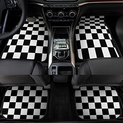 Plaid Car Floor Mats Set of 4,Geometric Checkered Plaid Pattern Vehicle Front Rear Carpets Mats Black White Car Floor Rugs Non-Slip Auto Foot Mats Car Accessories Universal Fit for Car SUV Truck Van