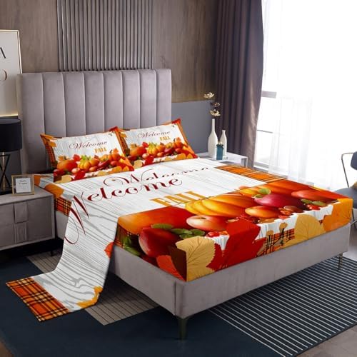 Pumpkin Sheet Set Twin Happy Fall Bed Sheets Thanksgiving Harvest Season Bedding Set For Kids Teen Adults,Orange Buffalo Plaid Fitted Sheet Rustic Farmhouse Flat Sheet 1 Pillow Case Home Room Decor - Image 2