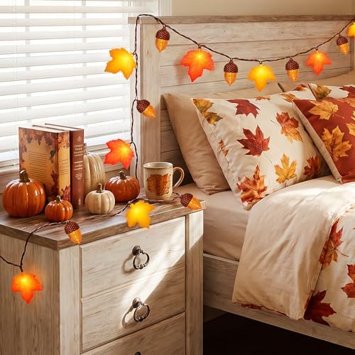 12Ft 20LED Fall Lights - Maple Leaf Acorn String Lights Waterproof, Plug in LED Fall String Lights Indoor Outdoor with Orange Yellow Leaf & Acorn for Home Gathering Autumn Thanksgiving Harvest Decor - Image 2