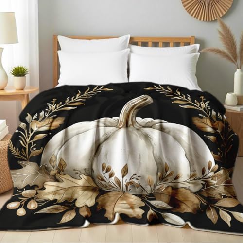 Fall Blankets and Throws White Pumpkin Print Blanket for Couch Bed Room Home Autumn Harvest Flannel Throw Thanksgiving Decor Gifts (49"x59") - Image 2