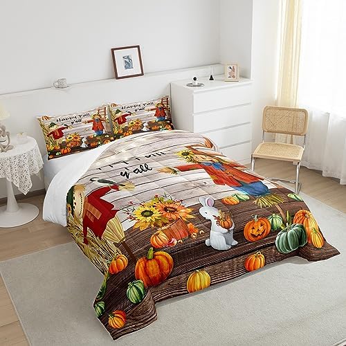 Homewish Happy Fall Y'all Comforter Set Twin Size Pumpkin Sunflower and Rabbit Bedding Set Rustic Farmhouse Wooden Door Quilt Set for Kids Boys Girls Room Decor Nature Animal Plants Duvet Insert 2Pcs - Image 4