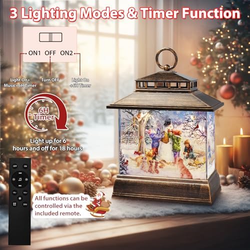 Christmas Snow Globe Lantern Water Glittering Lantern with 8 Songs & 6H Timer Romote Control Christmas Snow Globes USB & Battery Operated for Holiday Festival Decorations Gifts (Snowman and Children) - Image 3