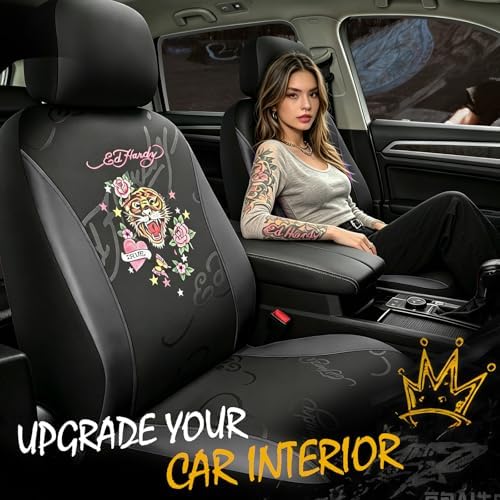 ED HARDY Tiger Print Car Seat Covers, Black Premium Leather Front Seat Covers, Universal Fit Automotive Covers for Most Cars, Trucks & SUVs, Airbag Compatible, Waterproof, Scratch Resistant