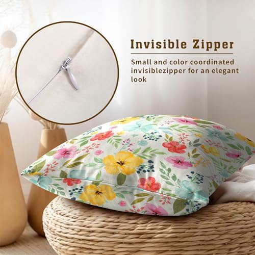 Sweetshow Spring Watercolor Flowers Throw Pillow Covers 22X22 Inches Set of 2 Colorful Floral Green Leaves Pillowcase Soft Cotton Square Seasonal Cushion Covers for Living Room Sofa Bedroom Decor - Image 4