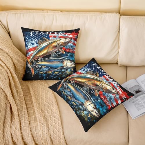 Manfei Fishing Reversible Print Pillow Covers 18"x18" Pack of 2,Lodge Bass Fish Rustic Lake Animal Throw Cushion Covers,Red Blue American Flag Hippie Graffiti Couch Pillow Covers - Image 2
