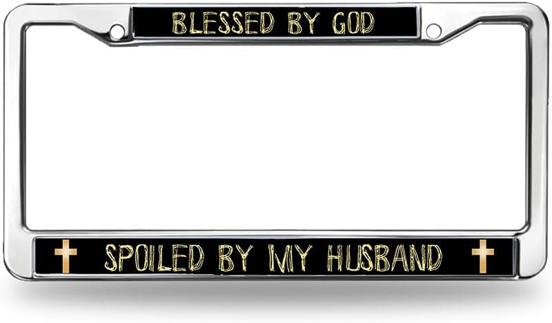 Blessed by God Spoiled by Husband License Plate Frame Christian Wife Quotes Stainless Steel License Plate Frame Cross and Fish Scratch-Resistant License Plate Frame with Screws Caps