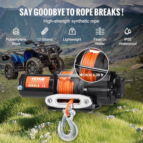 VEVOR ATV Winch, 4500 lb Electric Winch with Synthetic Rope, 12V DC ATV UTV Winch 1/4 in x 39 ft Aluminum Fairlead Wired Remote Control, IP55 Waterproof for Towing Boat Off Road Recovery - Image 4