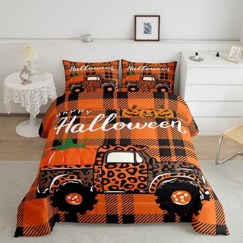 Homewish Halloween Pumpkin Camper Comforter Set Queen Size,Orange Leopard Print Car Bedding for Kids Teens Adults Room Decor,Geometric Plaid Quilt Happy Insert 3pcs,2 Pillowcases - Image 5
