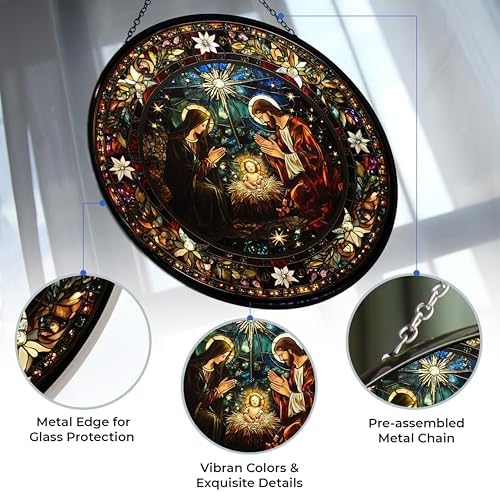 Serene Nativity Mary, Joseph Suncatcher Stained Glass Window Hangings Sun Catchers Colorful Ornament Gifts for Women Mom Wife Halloween Christmas Housewarming - Image 3