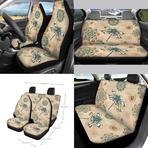 15Pcs Car Seat Cover Full Set Car Steering Wheel Cover Seat Belt Cover Trash Bin Air Vent Storage Box Front Rear View Mirror Car Cup Holder Keychain, Dragonfly Boho Mandala Beige